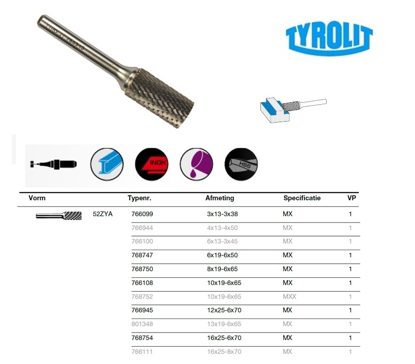 Cilinder frees 52 ZYA 3x13-3x38 Tyrolit 766099