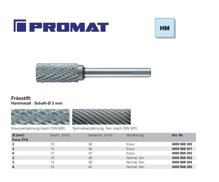 Stiftfrees vorm A ZYA.6x13mm L 43 schacht D.3mm HM | DKMTools - DKM Tools