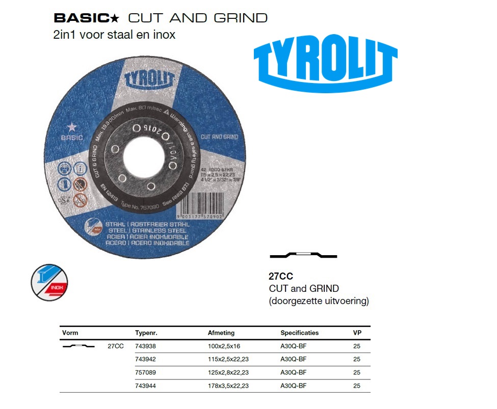 Tyrolit Cut and grind 27CC 100x2,5x16 2in1