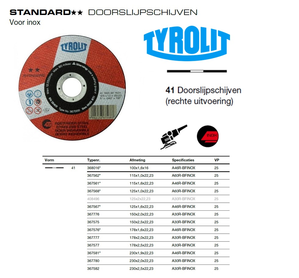 Doorslijpschijf 41X 150x2x22,23 A30-BFINOX