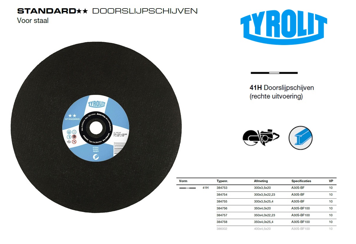 Doorslijpschijf motorslijper 41H 300x3,5x20 A30-BF