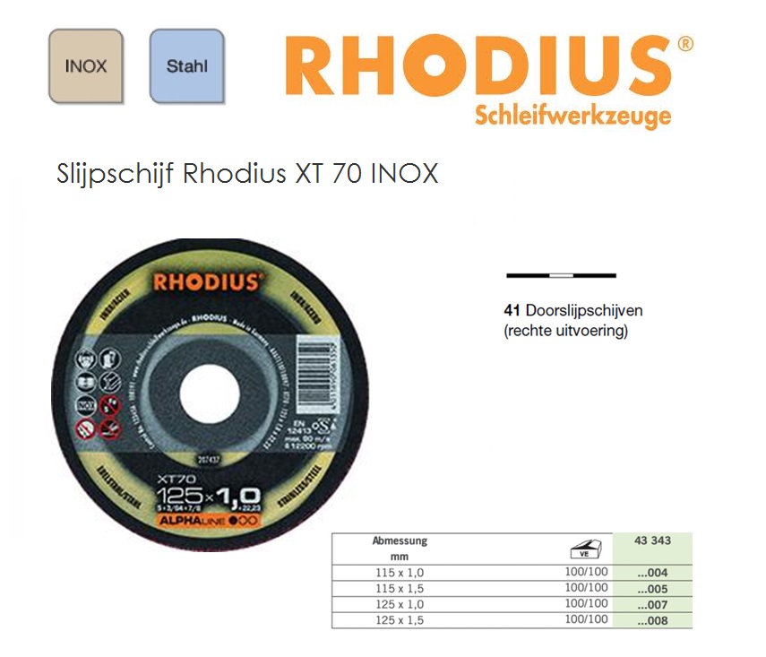 Doorslijp Schijf 115x1,0mm XT 70 INOX , Rhodius 207436