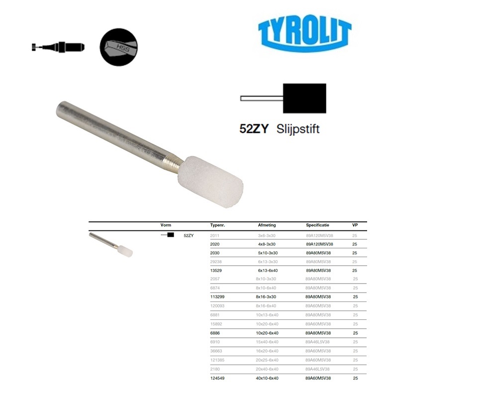 Keramische Slijpstift 52ZY, 3x6-3x30 89A120M5V38