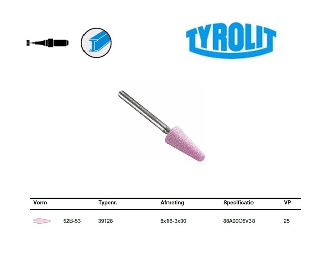 Slijpstift 52B-53, 8x16-3x30 ,88A90O5V38