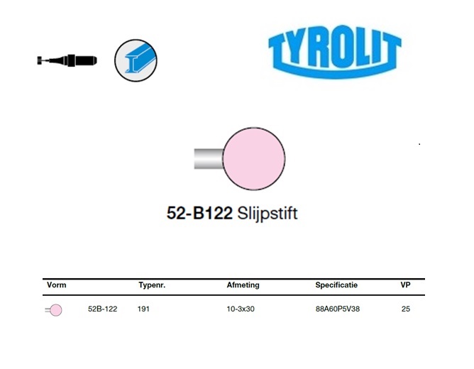 Slijpstift 52B-122, 10-3x30 ,88A60P5V38