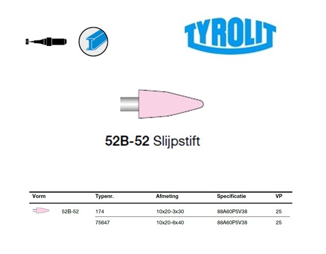 Slijpstift 52B-52, 10x20-3x30 ,88A60P5V38