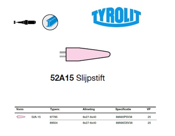 Slijpstift 52A-15, 6x27-6x40 ,88A60P5V38