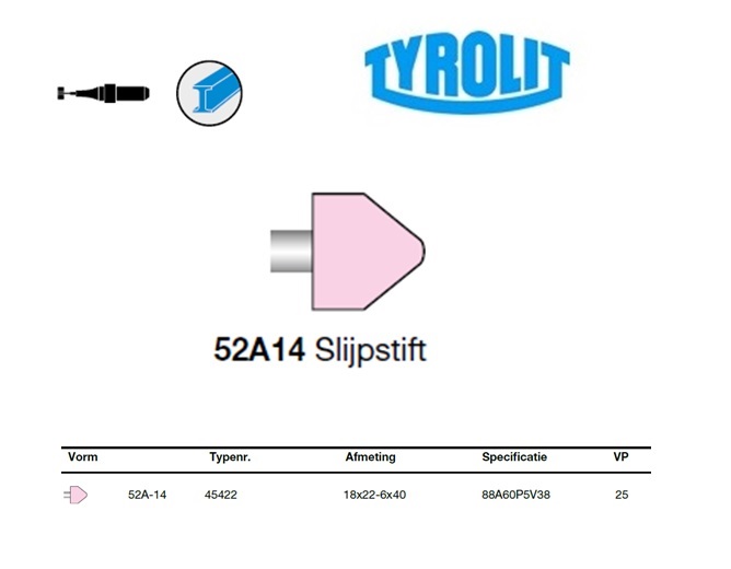 Slijpstift 52A-14, 18x22-6x40 ,88A60P5V38