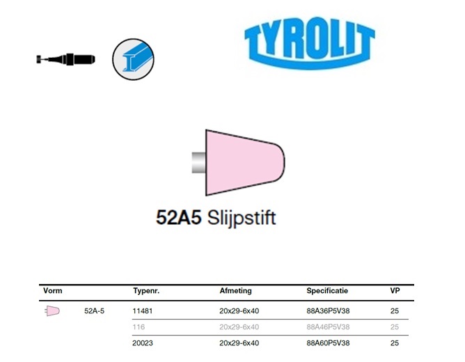 Slijpstift 52A-5,20x29-6x40 ,88A36P5V38