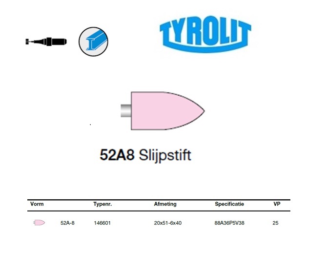 Slijpstift 52A-8, 20x51-6x40 ,88A36P5V38