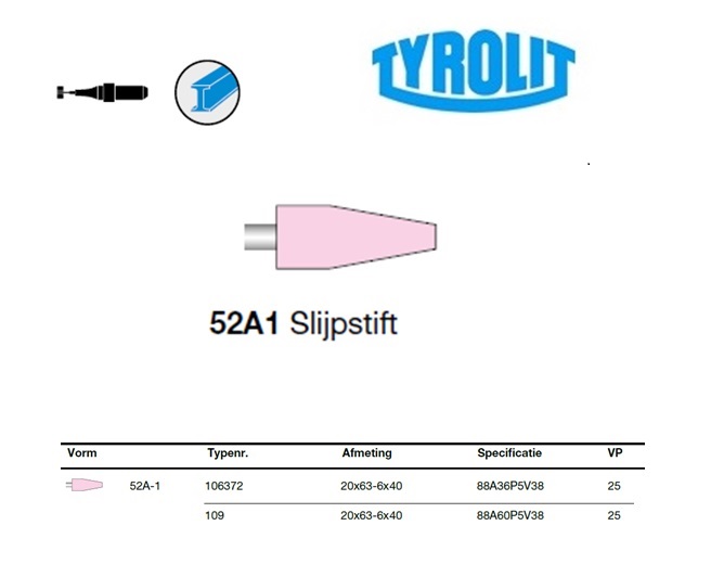 Slijpstift 52A-1 20x63-6x40 ,88A36P5V38