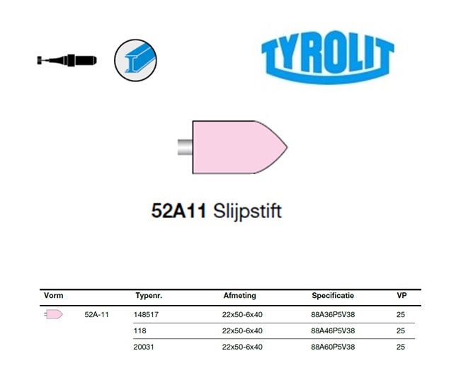 Slijpstift 52A-11, 22x50-6x40 ,88A36P5V38