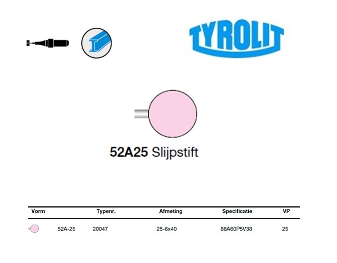 Slijpstift 52A-25, 25-6x40 ,88A60P5V38