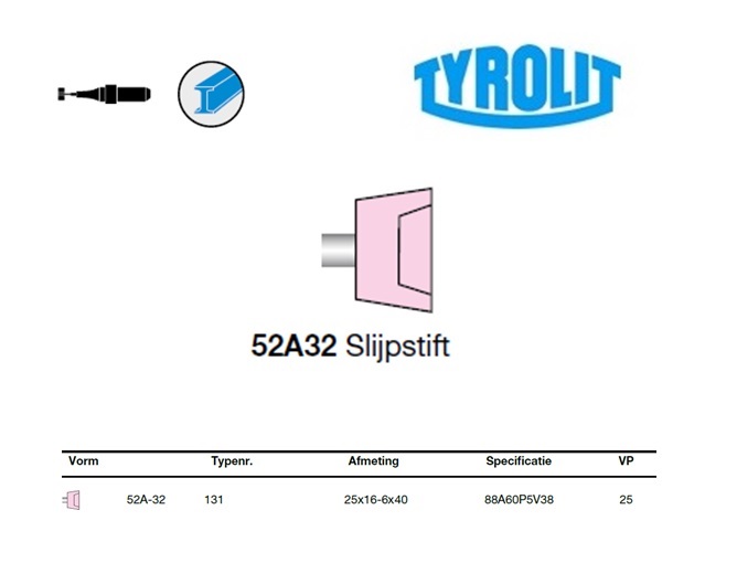 Slijpstift 52A-32, 25x16-6x40 ,88A60P5V38