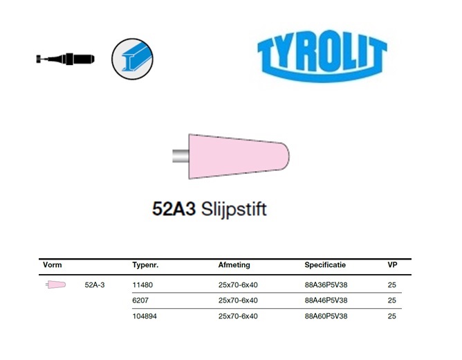 Slijpstift 52A-3, 25x70-6x40 ,88A36P5V38