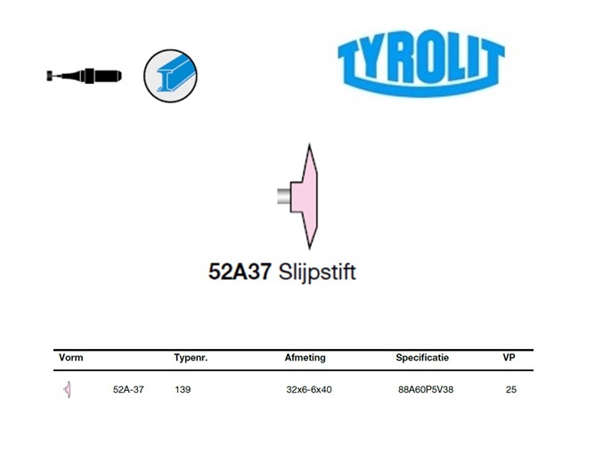 Slijpstift 52A-37 32x6-6x40 ,88A60P5V38