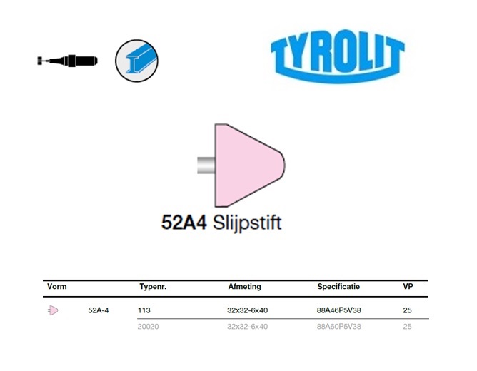 Slijpstift 52A-4, 32x32-6x40 ,88A46P5V38