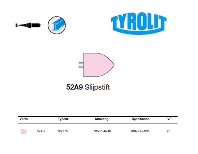 Slijpstift 52A-9, 32x51-6x40 ,88A36P5V38