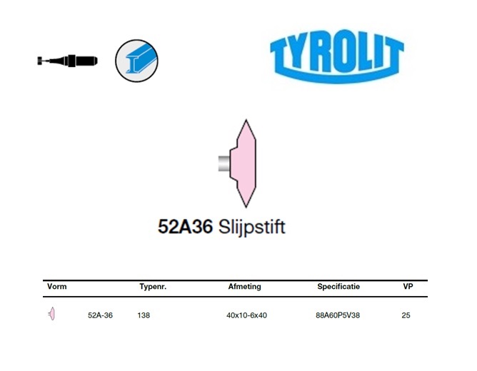 Slijpstift 52A-36, 40x10-6x40 ,88A60P5V38