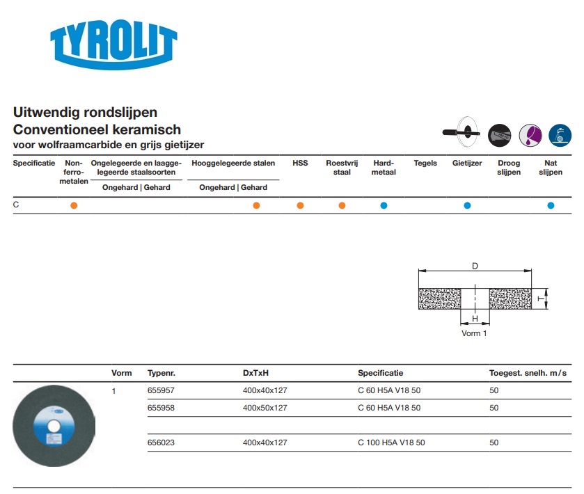 Keramische slijpsteen voor uitwendig rondslijpen 1 400x40x127 C 60 H5A V18 50