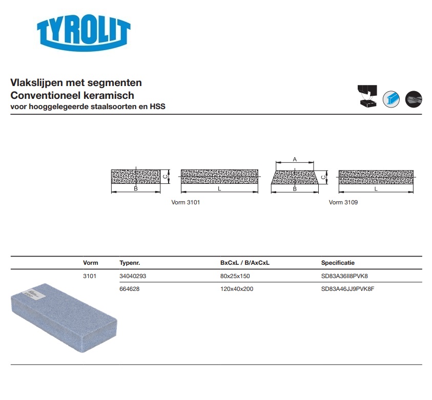 Keramisch segment voor vlakslijpen 3101 80x25x150 454A 361 I12 V3 P2