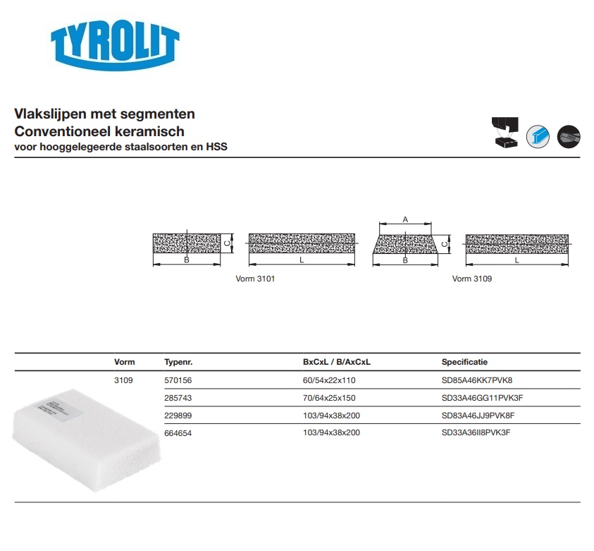 Keramisch segment voor vlakslijpen 3109 103/94x38x200 454A 461 K13 V3