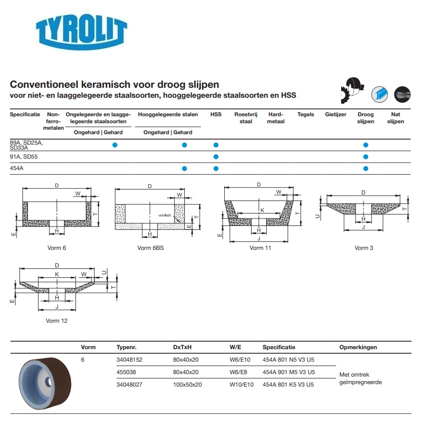 Conventionele keramische slijpsteen voor droog slijpen 6 80x40x20 454A 801 N5 V3 U5