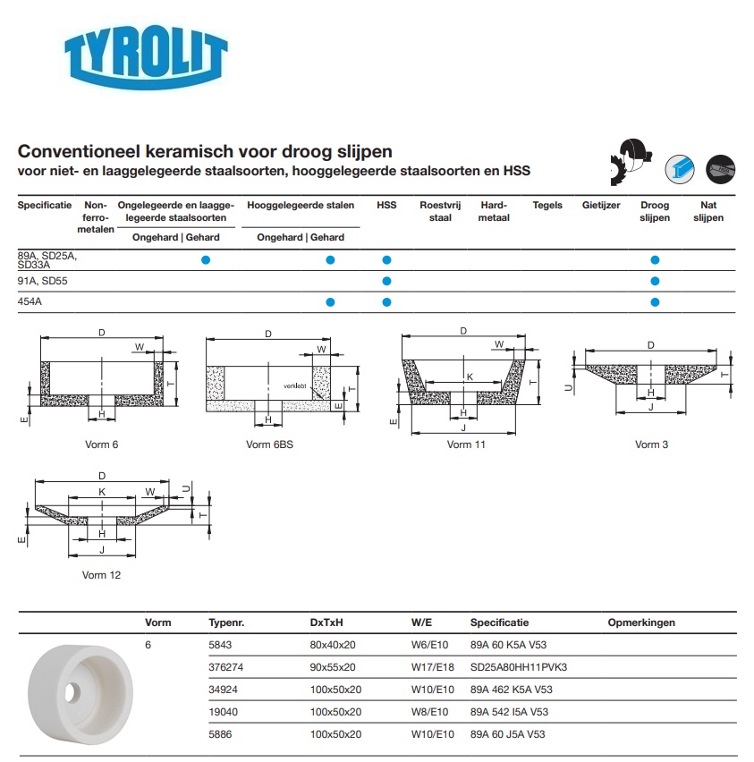 Conventionele keramische slijpsteen voor droog slijpen 6 80x40x20 89A 60 K5A V53