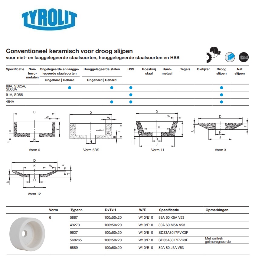 Conventionele keramische slijpsteen voor droog slijpen 6 100x50x20 89A 60 K5A V53