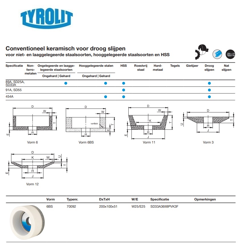 Conventionele keramische slijpsteen voor droog slijpen 6BS 200x100x51 89A 36 I8A V217