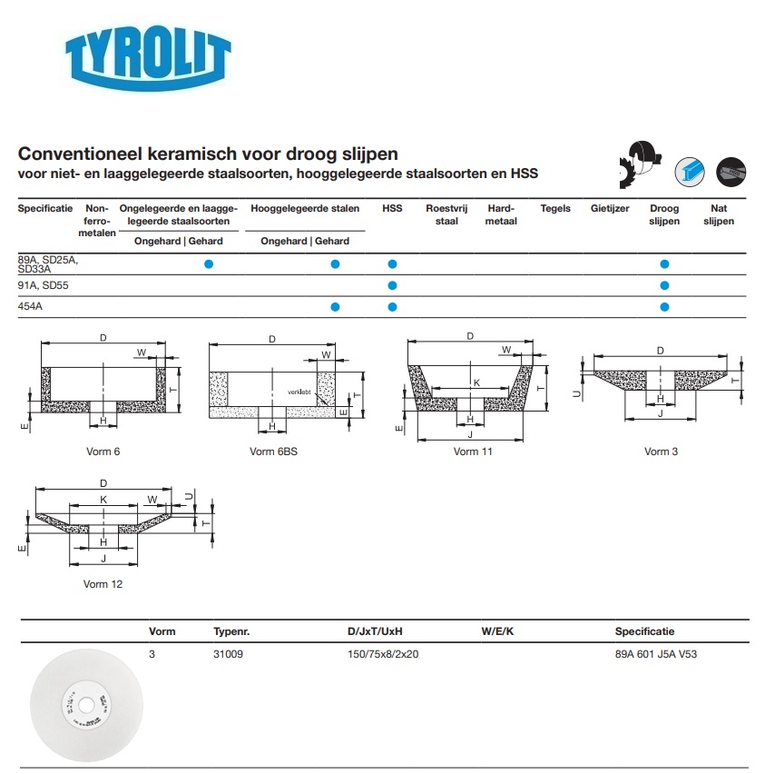 Conventionele keramische slijpsteen voor droog slijpen 3 150/75x8/2x20 89A 601 J5A V53