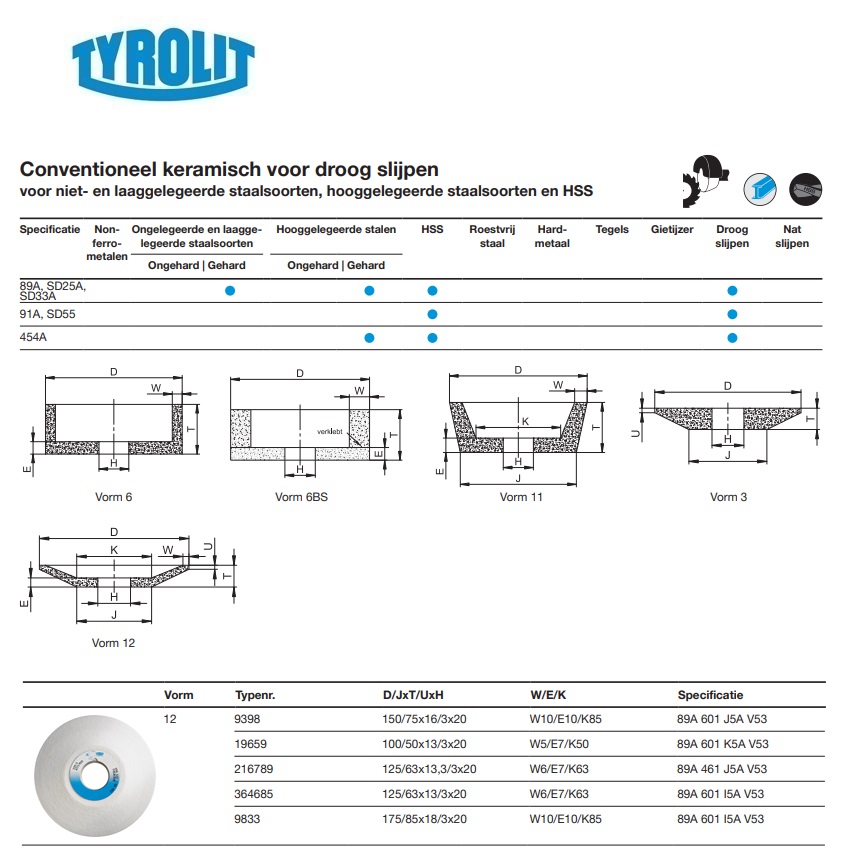 Conventionele keramische slijpsteen voor droog slijpen 12 150/75x16/3x20 89A 601 J5A V53