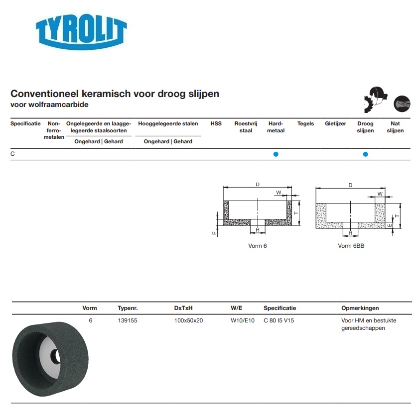 Conventionele keramische slijpsteen voor droog slijpen 6 100x50x20 C 80 I5 V15