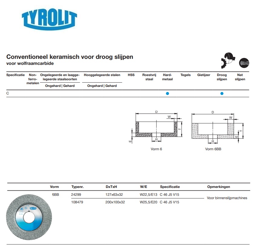 Conventionele keramische slijpsteen voor droog slijpen 6BB 127x63x32 C 46 J5 V15