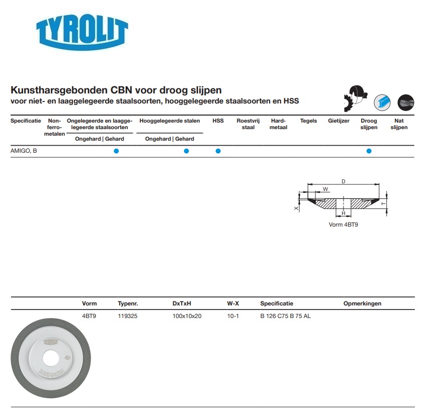 Kunstharsgebonden CBN voor droog slijpen 4BT9 100x10x20 51B 126 C75 B 75 AL