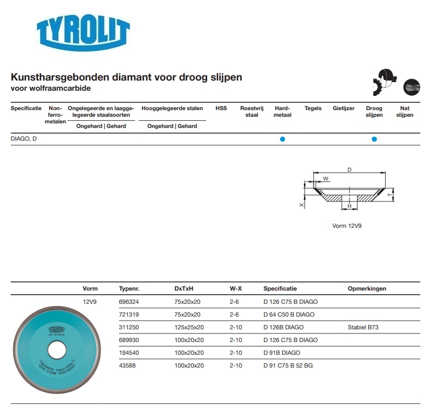 Kunstharsgebonden diamant voor droog slijpen 12V9 75x20x20 11D 126 C75 B DIAGO