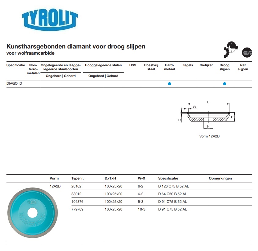 Kunstharsgebonden diamant voor droog slijpen 12A2D 100x25x20 11D 126 C75 B 52 AL