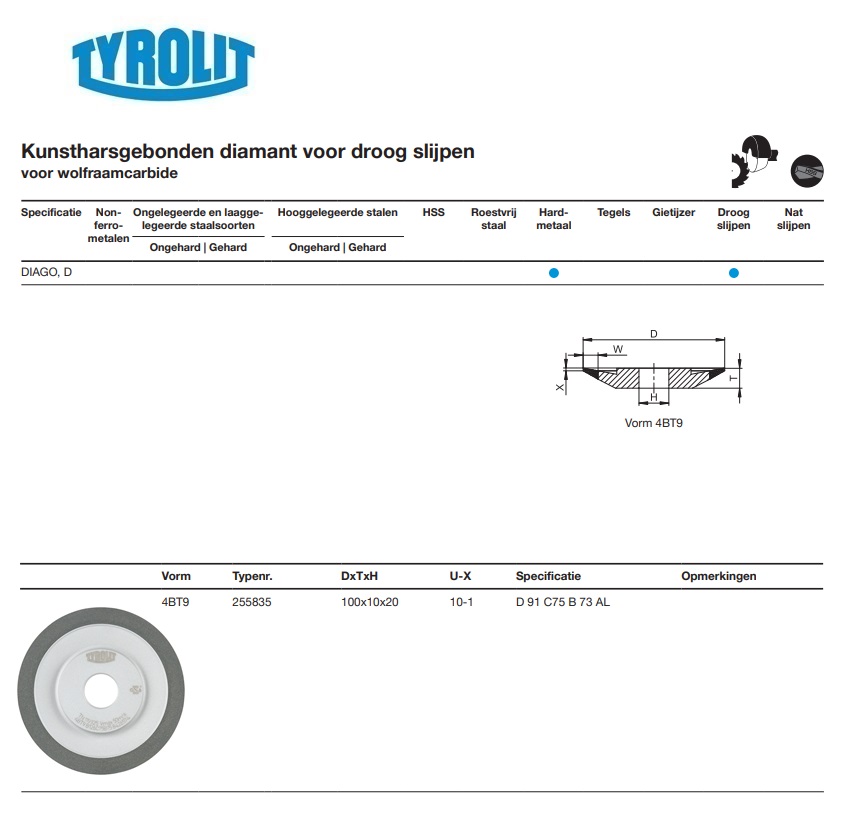 Kunstharsgebonden diamant voor droog slijpen 4BT9 100x10x20 11D 91 C75 B 73 AL