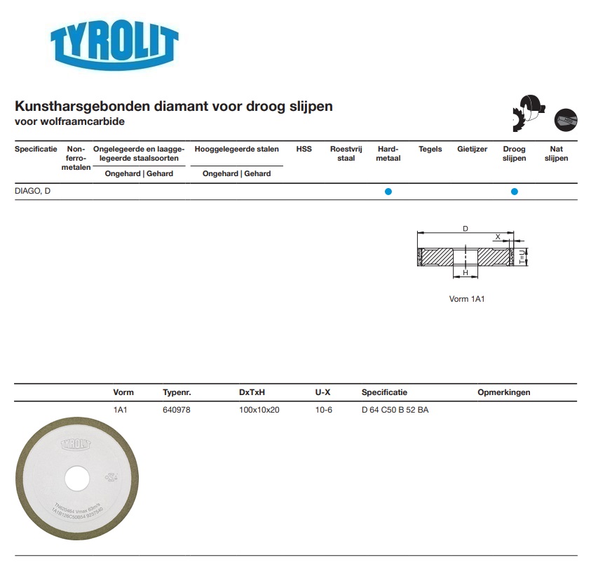 Kunstharsgebonden diamant voor droog slijpen 1A1 100x10x20 11D 64 C50 B 52 BA