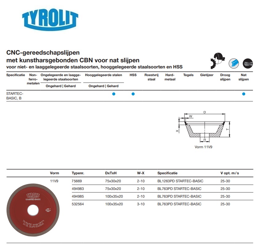 Kunstharsgebonden CBN slijpschijf voor CNC gereedschapslijpen 11V9 75x30x20 BL1263PD STARTEC-BASIC