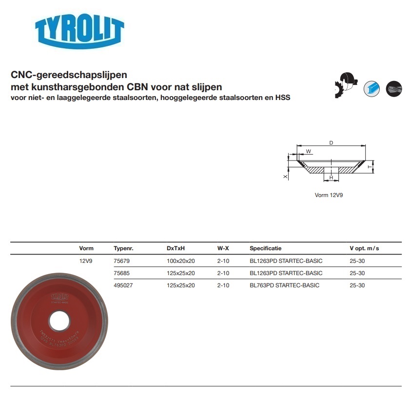 Kunstharsgebonden CBN slijpschijf voor CNC gereedschapslijpen 12V9 100x20x20 BL1263PD STARTEC-BASIC