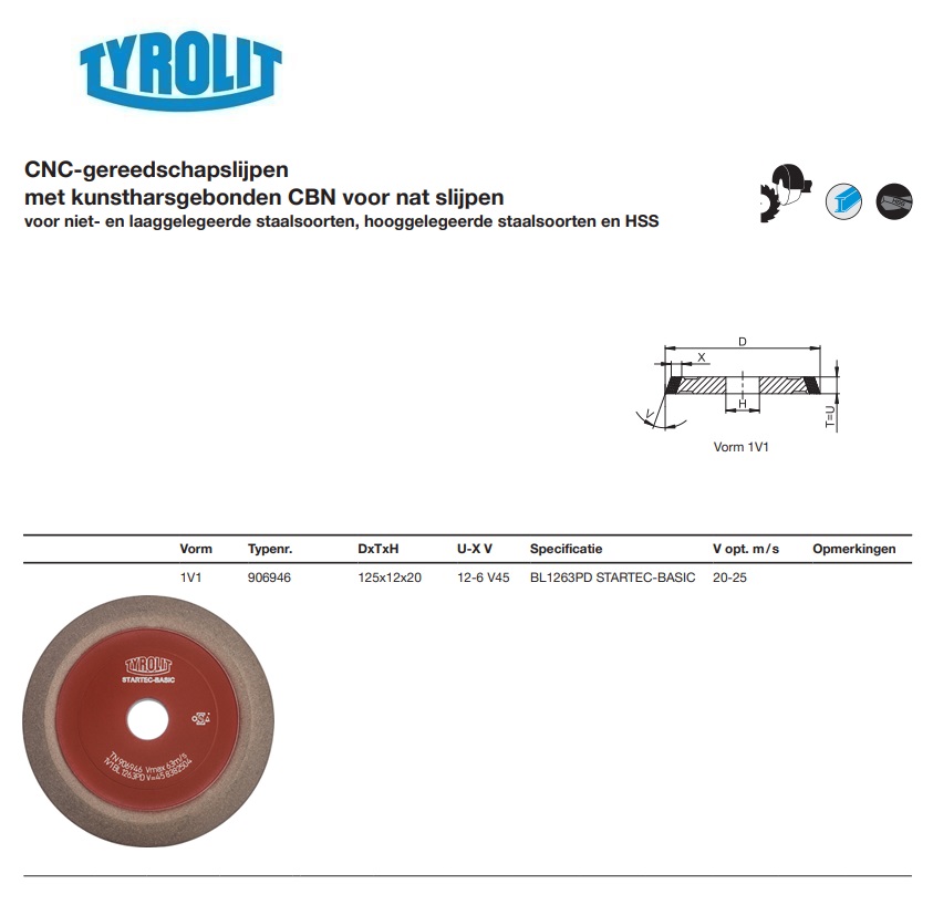 Kunstharsgebonden CBN slijpschijf voor CNC gereedschapslijpen 1V1 125x12x20 BL1263PD STARTEC-BASIC