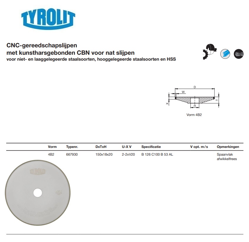 Kunstharsgebonden CBN slijpschijf voor CNC gereedschapslijpen 4B2 150x18x20 51B 126 C100 B 53 AL