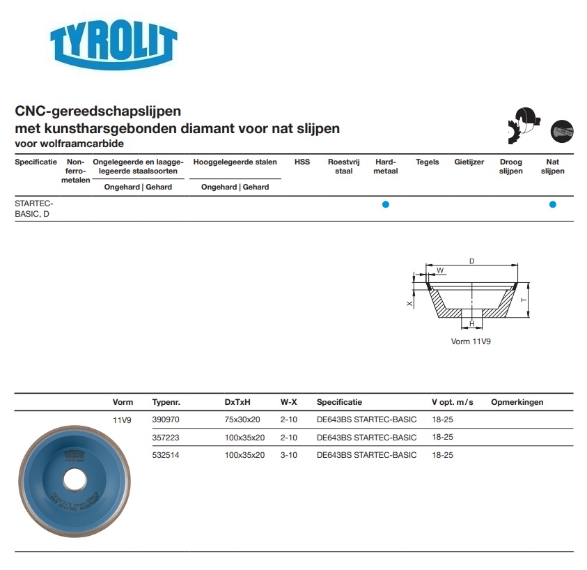 Kunstharsgebonden slijpschijf diamant voor CNC slijpen 11V9 75x30x20 DE643BS STARTEC-BASIC