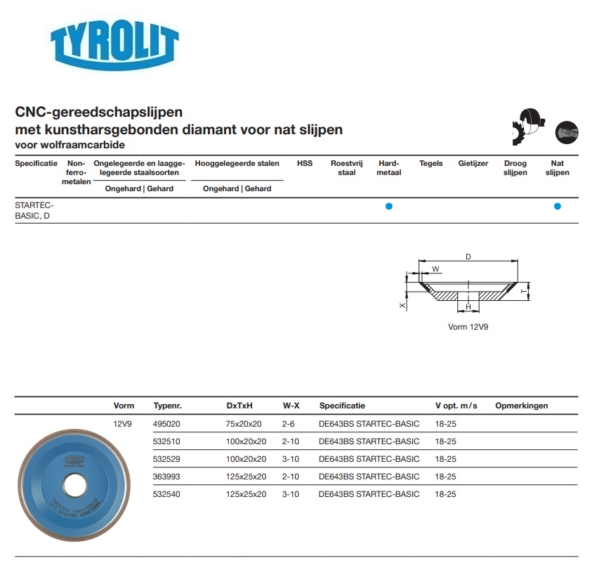 Kunstharsgebonden slijpschijf diamant voor CNC slijpen 12V9 75x20x20 DE643BS STARTEC-BASIC