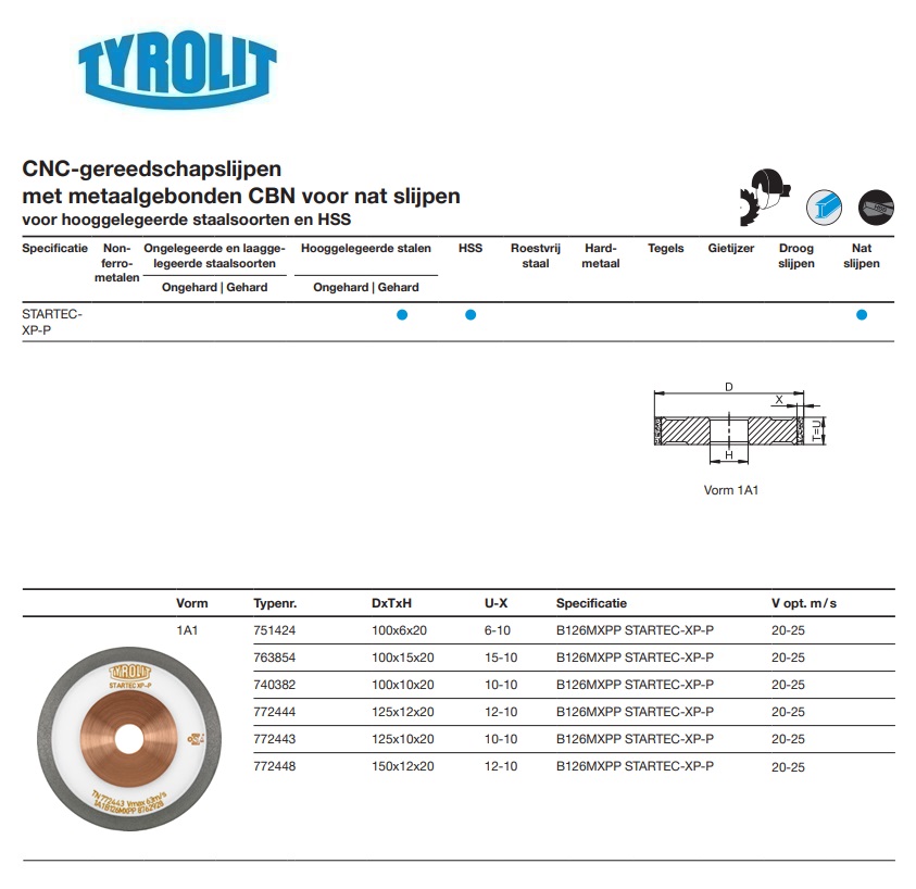 Metaalgebonden CBN slijpschijf voor CNC slijpen 100x6x20 B126MXPP STARTEC-XP-P