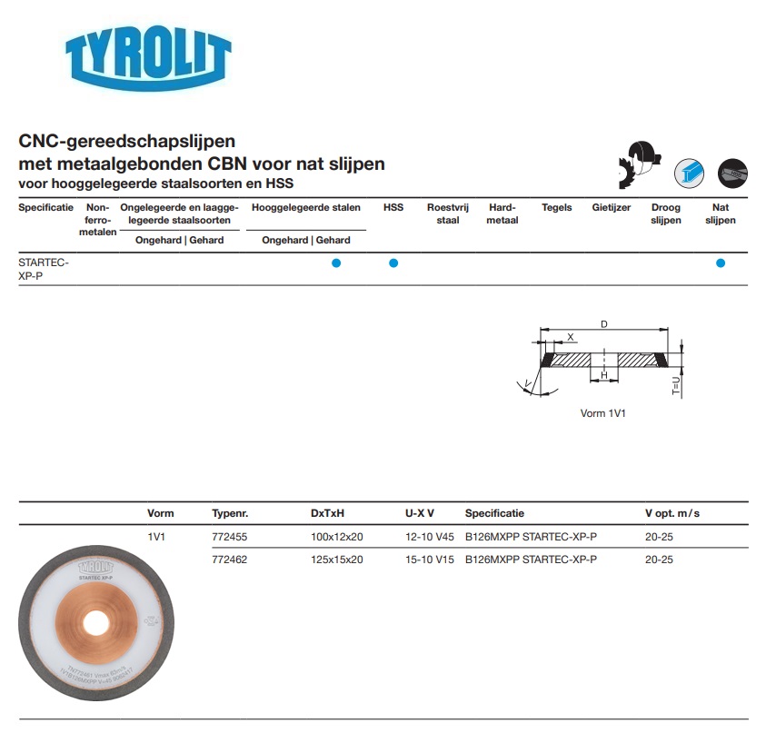 Metaalgebonden CBN slijpschijf voor CNC slijpen 100x12x20 B126MXPP STARTEC-XP-P