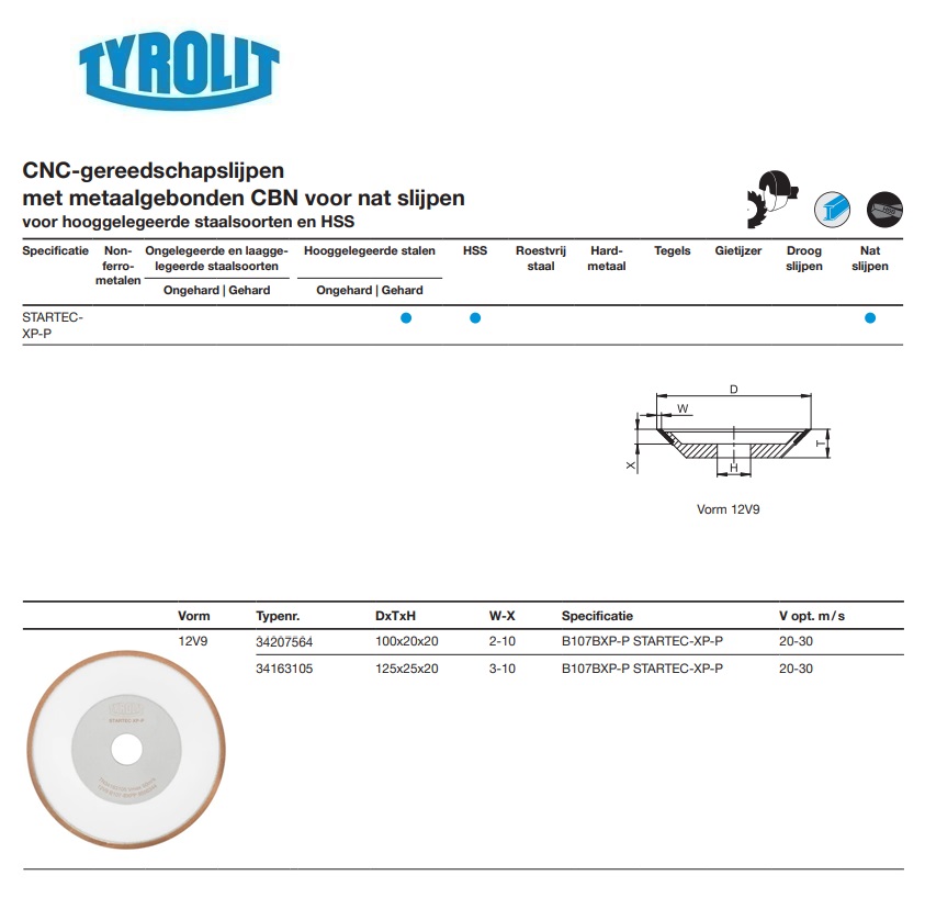 Metaalgebonden CBN slijpschijf voor CNC slijpen 12V9 100x20x20 B107BXP-P STARTEC-XP-P