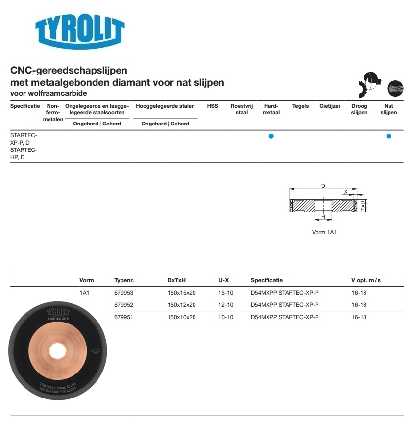 Metaalgebonden CBN slijpschijf voor CNC slijpen 1A1 150x15x20 D54MXPP STARTEC-XP-P