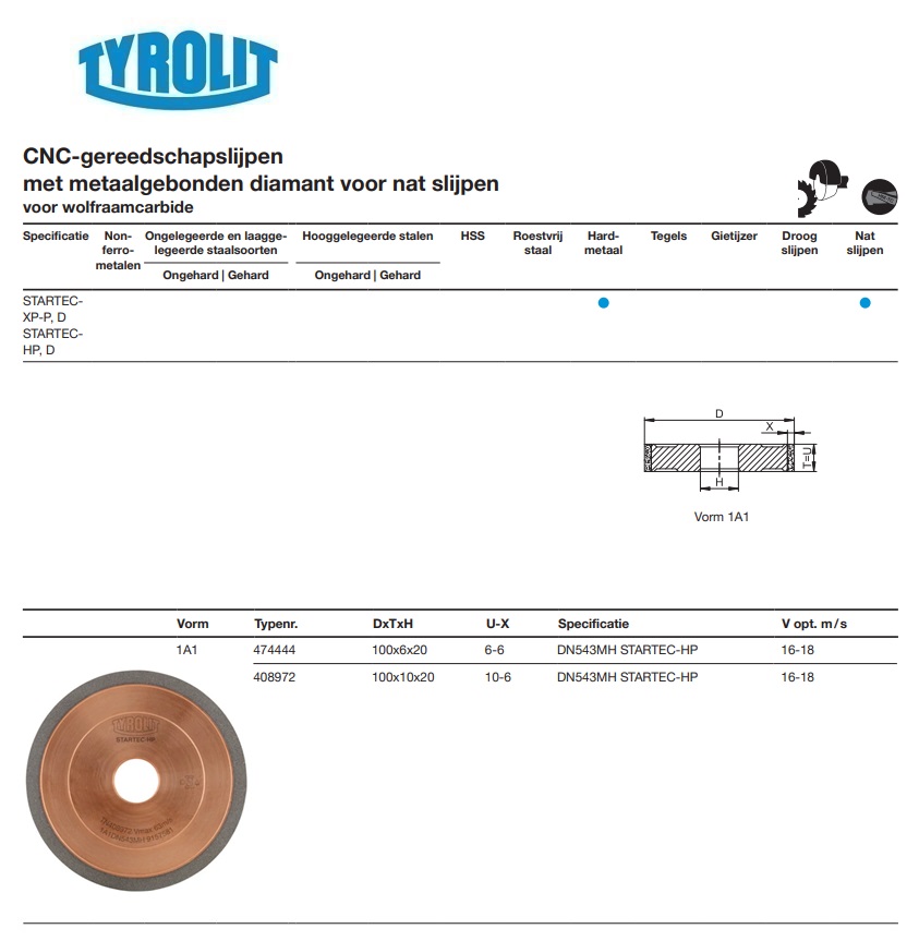 Metaalgebonden CBN slijpschijf voor CNC slijpen 1A1 100x6x20 DN543MH STARTEC-HP